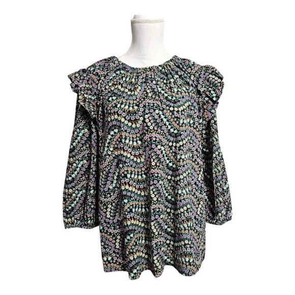 LOFT Garden Dobby Tie Back Ruffle Blouse XL Black Calico Floral - Picture 1 of 8